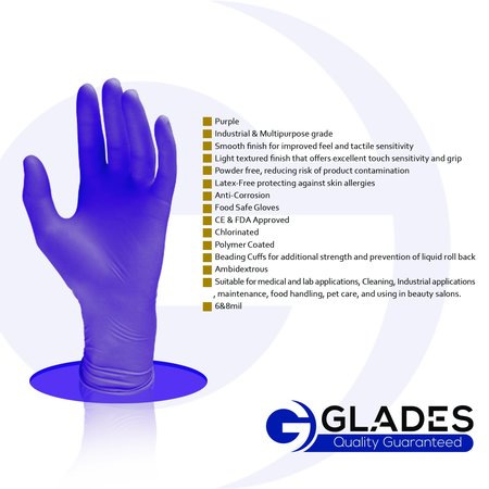 Glades Nitrile Disposable Gloves, 8 mil Palm , Nitrile, Powder-Free, S, 500 PK, Purple S